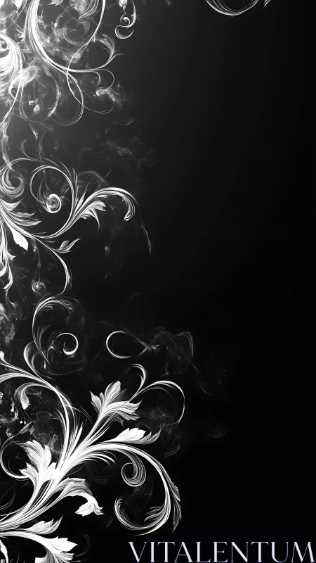 Monochrome botanical scrollwork on deep noir negative space.