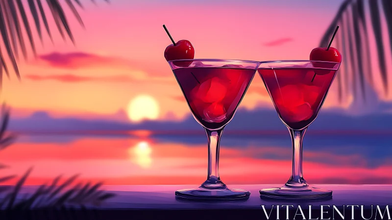 Sunset Cocktails with Cherry Garnish Over Ocean Horizon.
