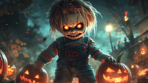 Demented doll commands jack-o’-lanterns on neon Halloween street