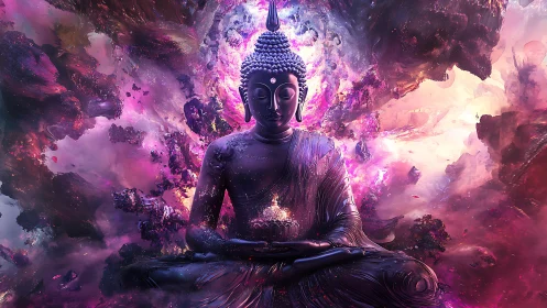 Cosmic Buddha radiates serenity amid swirling nebulae.