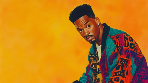 Portrait of man in bold patterned jacket on orange field.