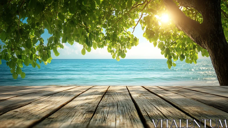 Sunlit coastal terrace frames tranquil turquoise ocean horizon