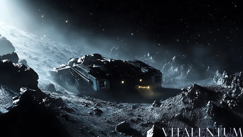 Cinematic 3D starship on cratered lunar slope under starlight.