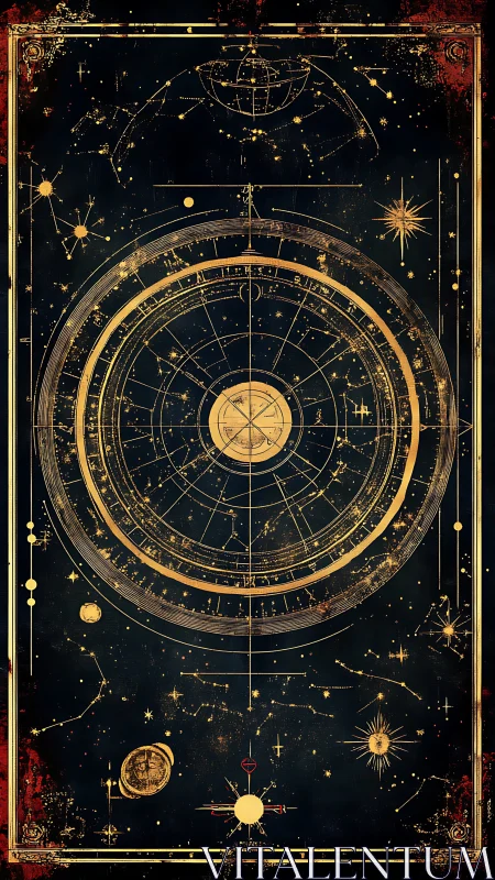 Celestial navigation chart rendered in ornate golden concentric rings.