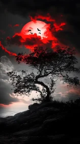 Crimson moonrise over a lone windswept seaside tree.