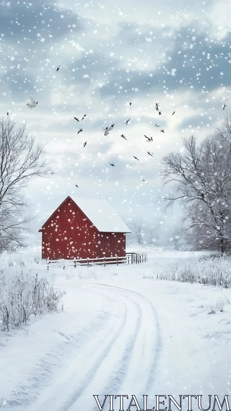 Photorealistic red barn in snowfall with leading winter road.