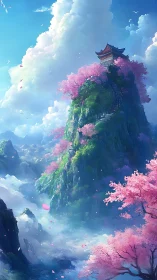 Cloud-kissed temple climbs through drifting cherry blossom fog