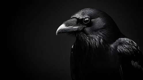 High-contrast raven portrait in studio low-key composition.