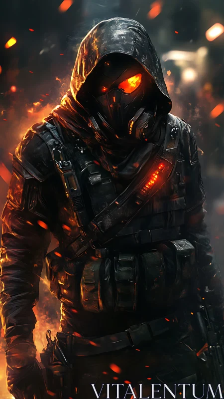 Hooded cybernetic soldier in burning urban combat corridor