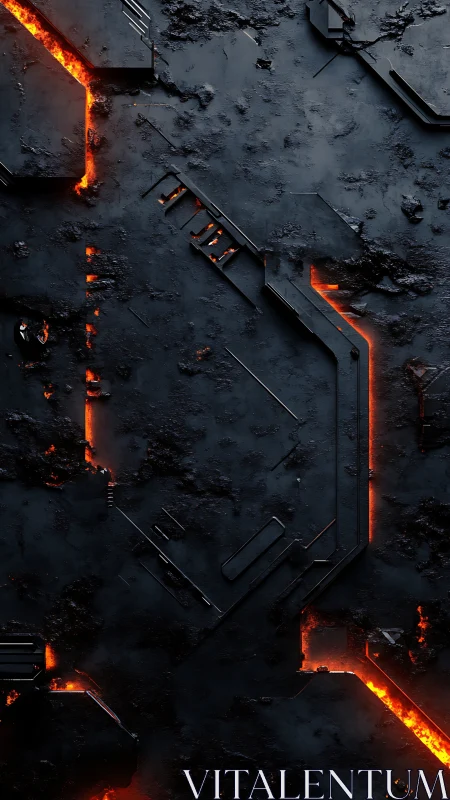 Molten circuitry carves glowing fault lines through obsidian steel