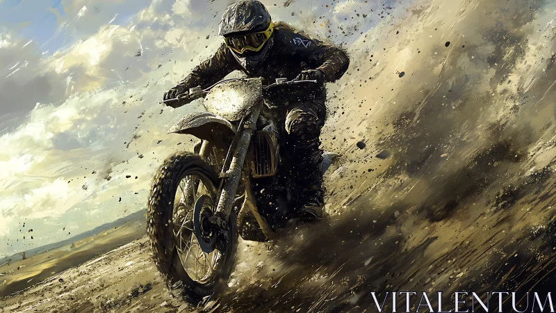 Motocross rider powers through muddy off road track.