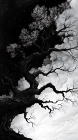 Nocturnal winter tree silhouette against starry void sky