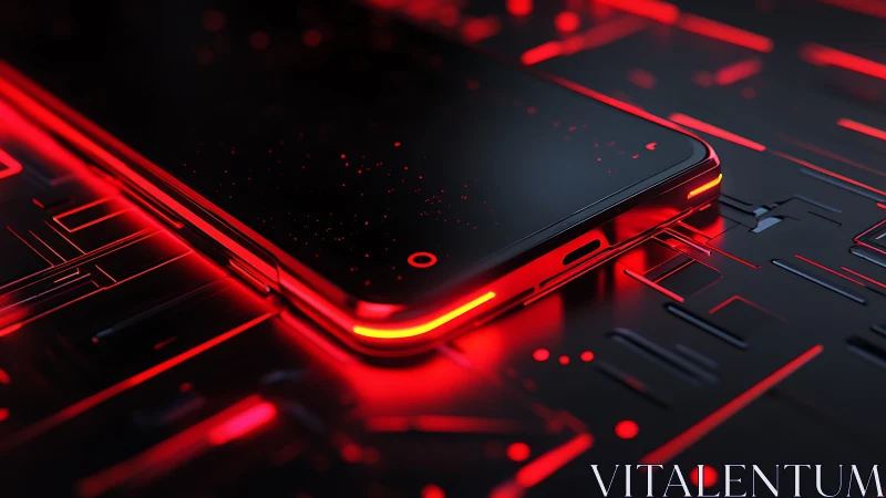 Sleek glowing smartphone resting in bold red neon light.