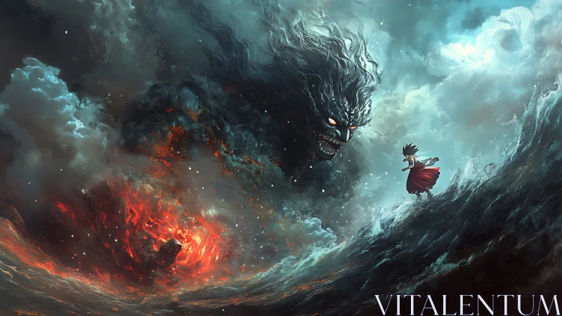 Storm scene with humanoid figure facing large dark entity.