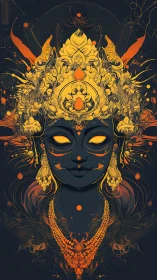 Symmetrical deity portrait shows ornate headpiece and jewelry