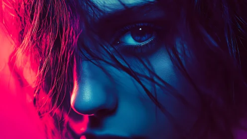 Close cropped human face under dual neon color lighting.