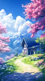 Spring mountainside cottage beneath radiant cherry blossoms.