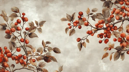 Berry clusters trade whispers across a misty parchment sky