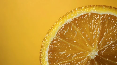 Macro cross-section of juicy lemon slice on uniform yellow field.