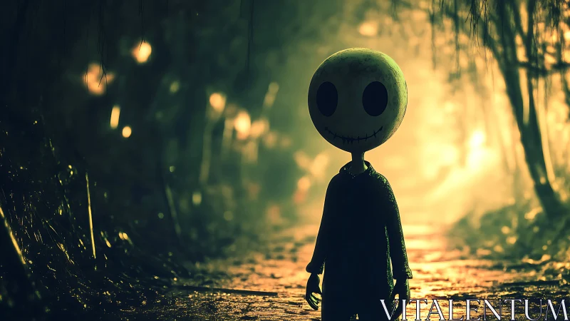 Moon-faced wanderer haunts a lantern-lit forest path.