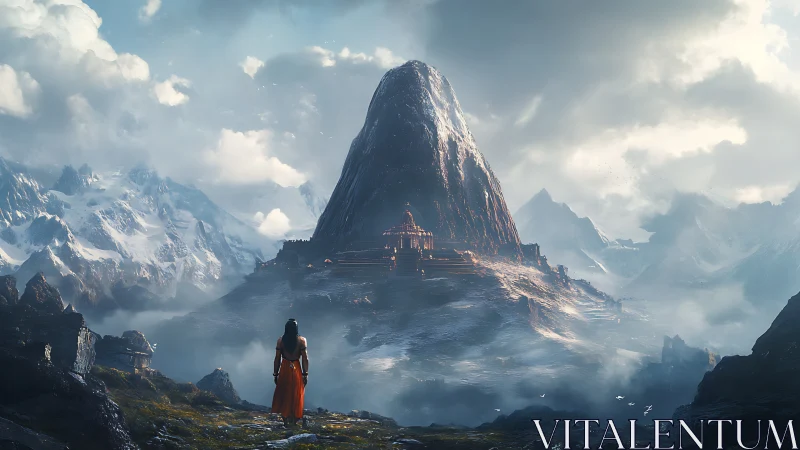 Solitary traveler approaches colossal snowbound mountain temple