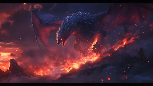 Winged dragon over volcanic ridge with flowing surface fire.