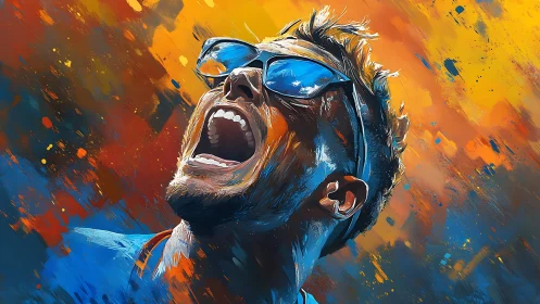 Male figure with sunglasses amid dynamic paint strokes.