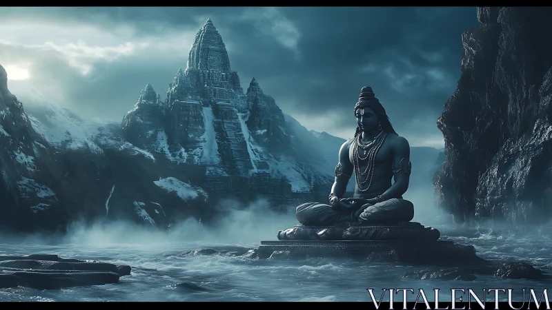 Shiva statue in icy mountain landscape under moody sky.