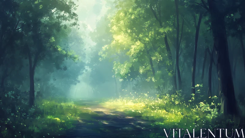 Luminous forest pathway with ethereal sunlight filtering through verdant canopy