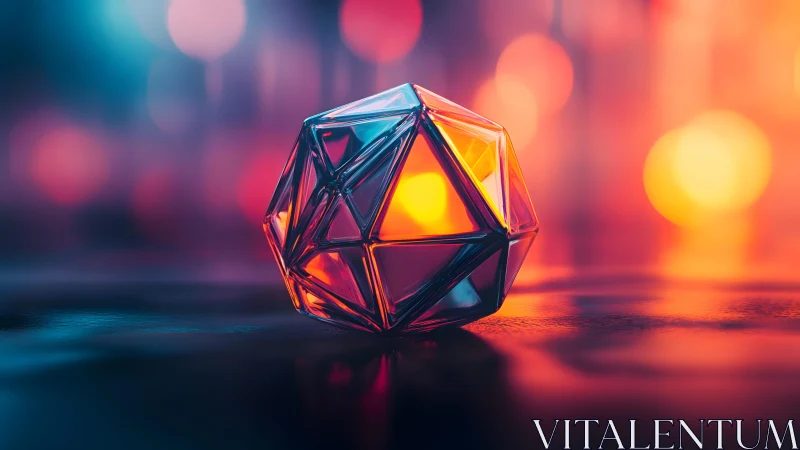 Geometric glass polyhedron with internal glow on bokeh surface
