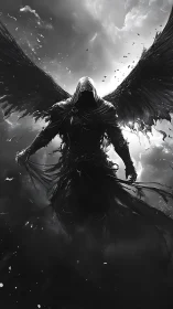 Winged hooded wraith rendered in high contrast monochrome chiaroscuro