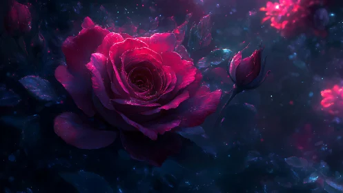 Single magenta rose glows against dark blurred background