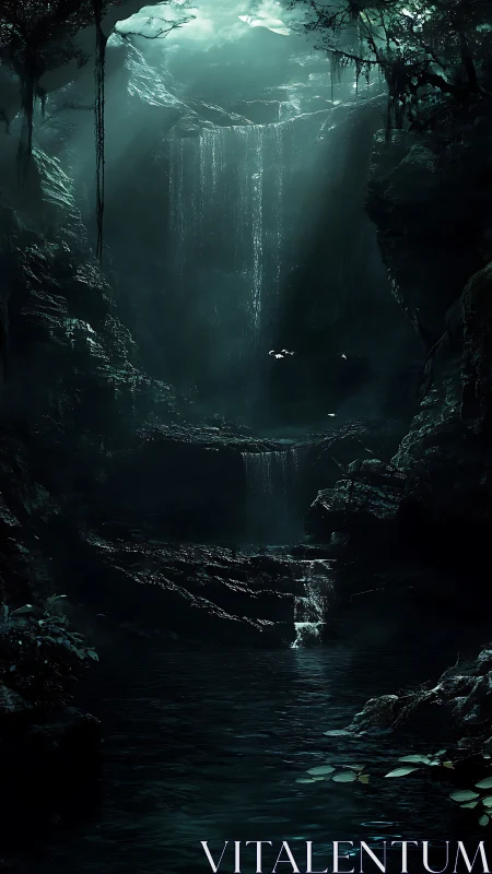 Hidden emerald waterfall pool in a quiet cavern forest.