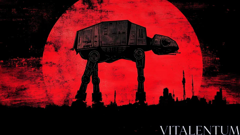 Imperial walker silhouette crosses blood-red war horizon.