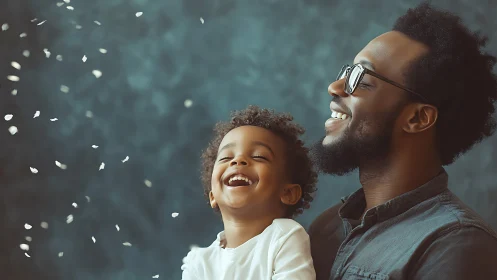 Father and Son Joyful Moment with Floating Particles.