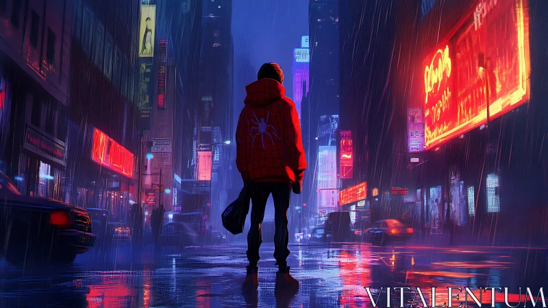 Figure in red jacket on rainy neon city street at night.