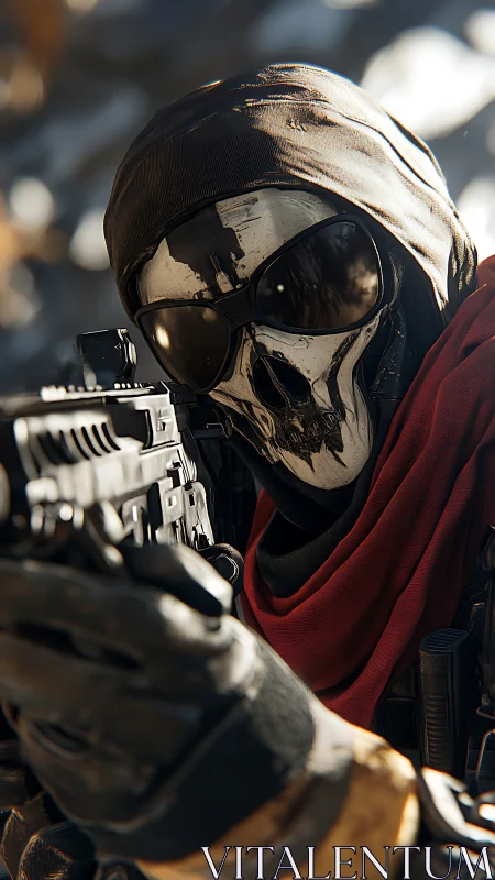 Skull-masked sniper aiming rifle in tactical desert scene.