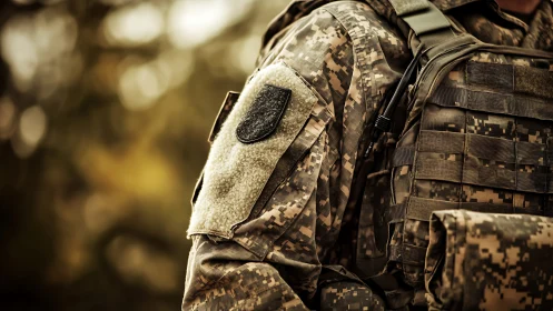 Military uniform sleeve and tactical vest occupy frame right