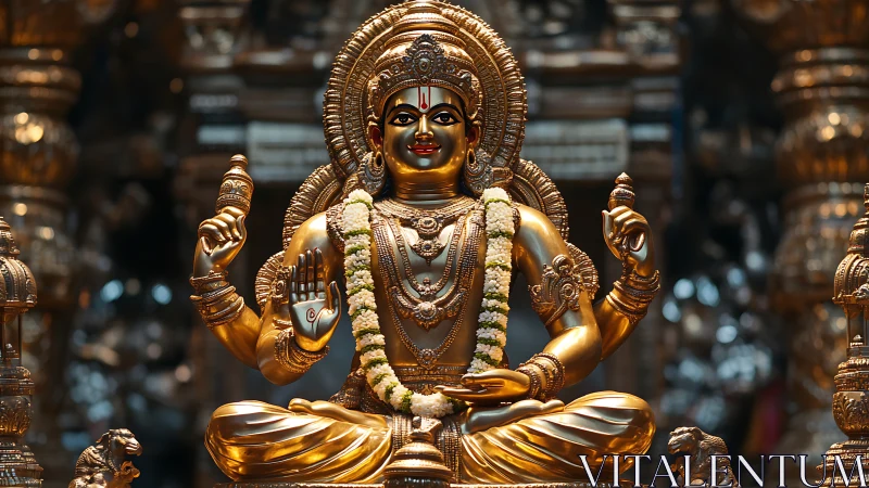 Radiant golden deity statue glowing with calm, gentle grace.