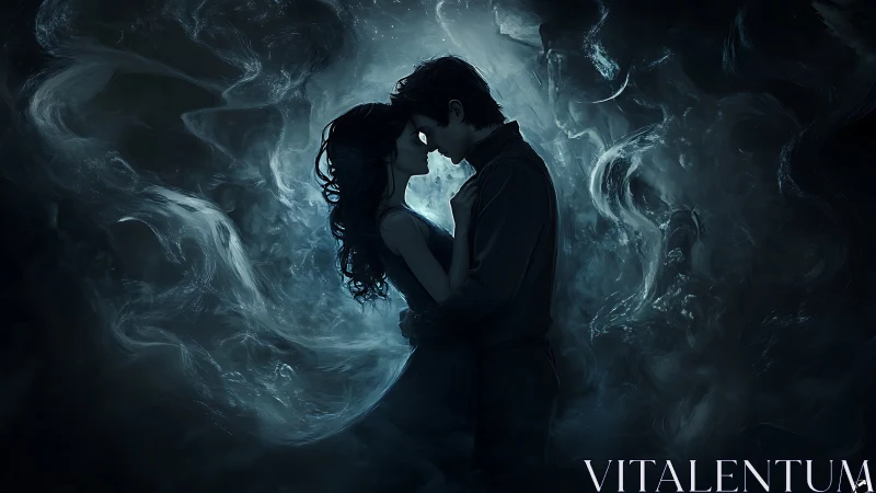 Silhouetted Couple Embracing in Ethereal Mist