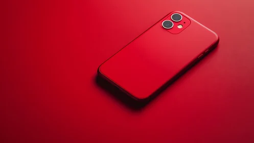 Red smartphone with dual camera system on monochromatic background.