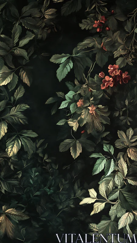 Dark botanical foliage with muted leaves and red blooms.