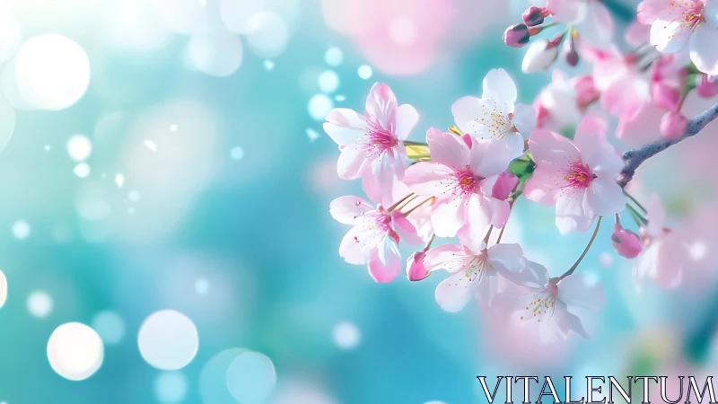 Pink Cherry Blossoms Against Soft Turquoise Bokeh.