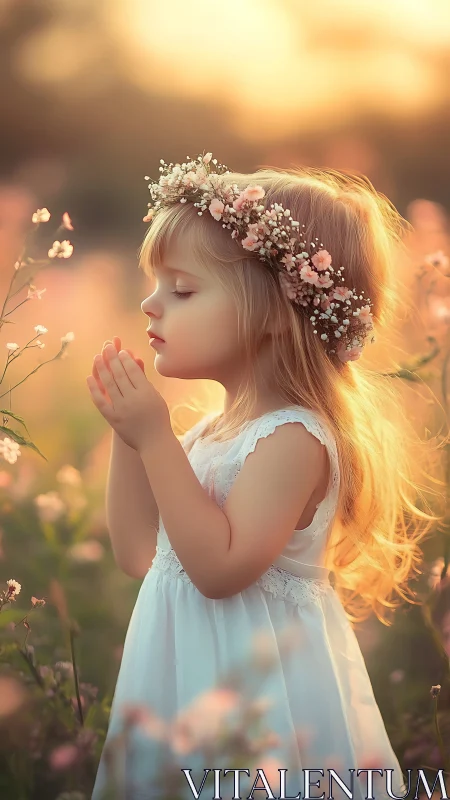 Sunlit girl in prayer among pastel wildflower meadow.