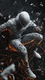 Shattered cyber warrior suspended in glowing fracture field.