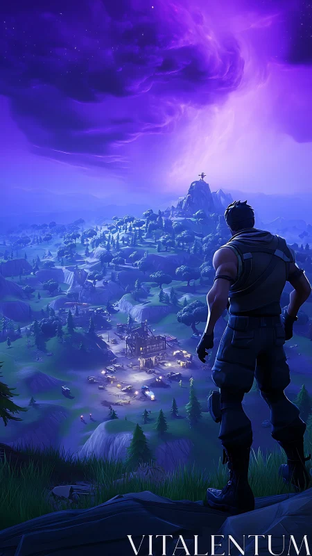 Lone gamer scouts neon valley beneath storm torn sky.