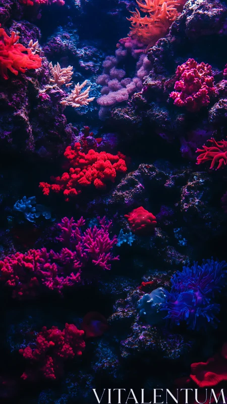 Neon corals cluster on dark reef under deep blue lighting.
