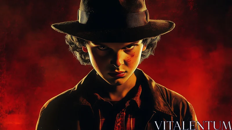 Young person in hat is lit against uniform red backdrop