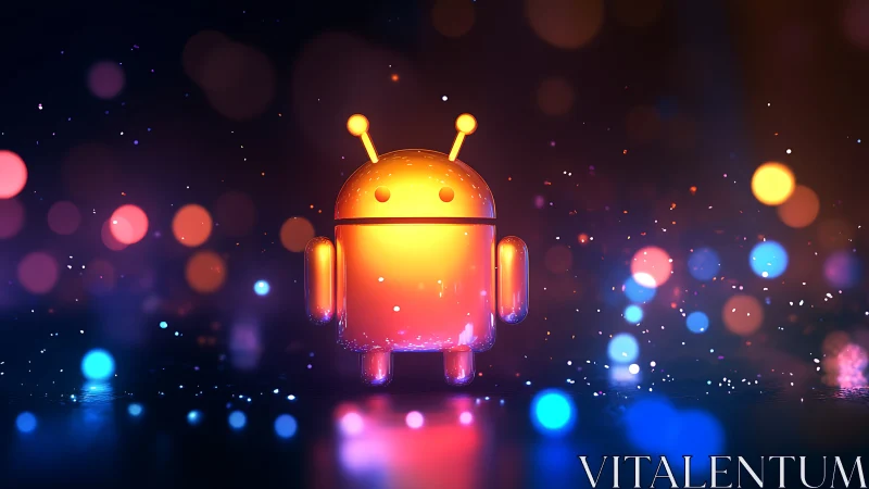 Glowing robot mascot strolls through a neon bokeh dreamscape