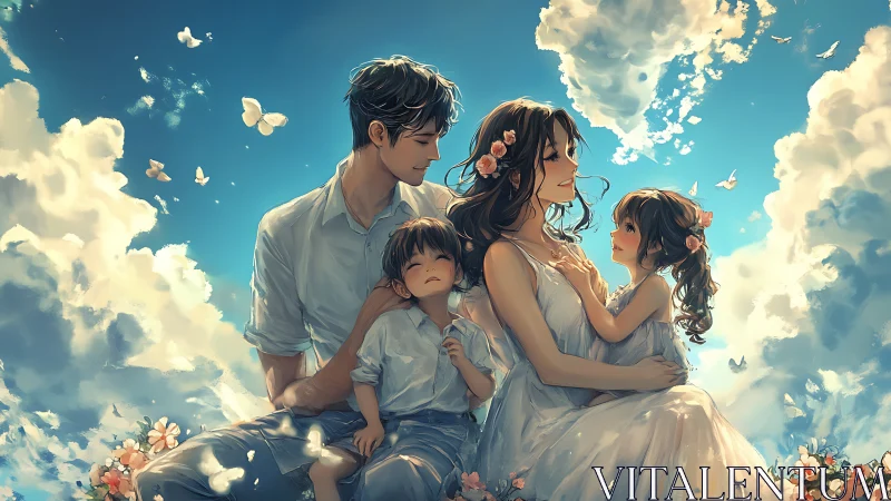 Sunlit family dreamscape wrapped in clouds and butterflies.